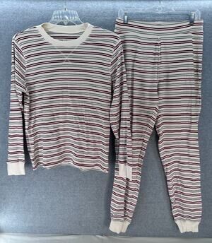 Pact Womens M Striped Red White Green Organic Cotton LS/Pant Jogger Pajama Set